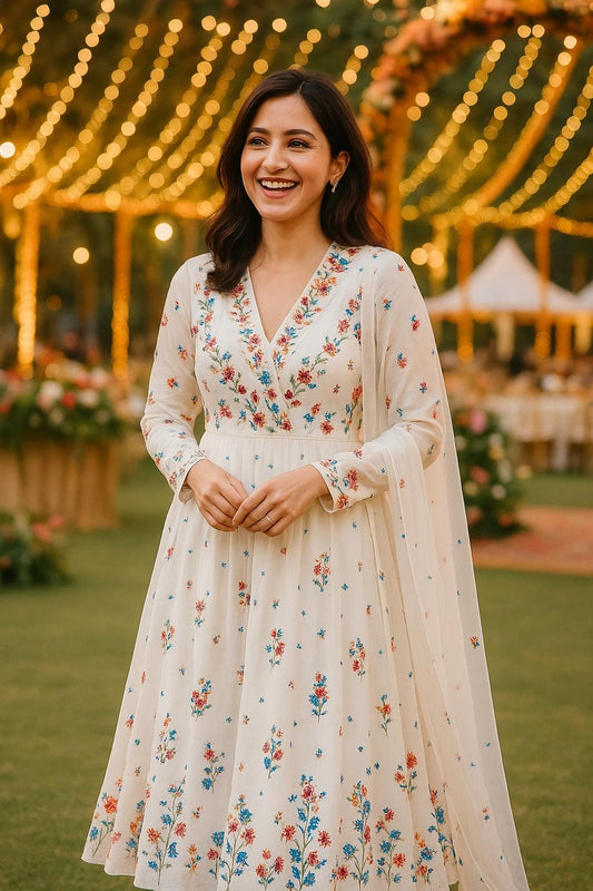 Dazzling  white pure chiffon anarkali suit