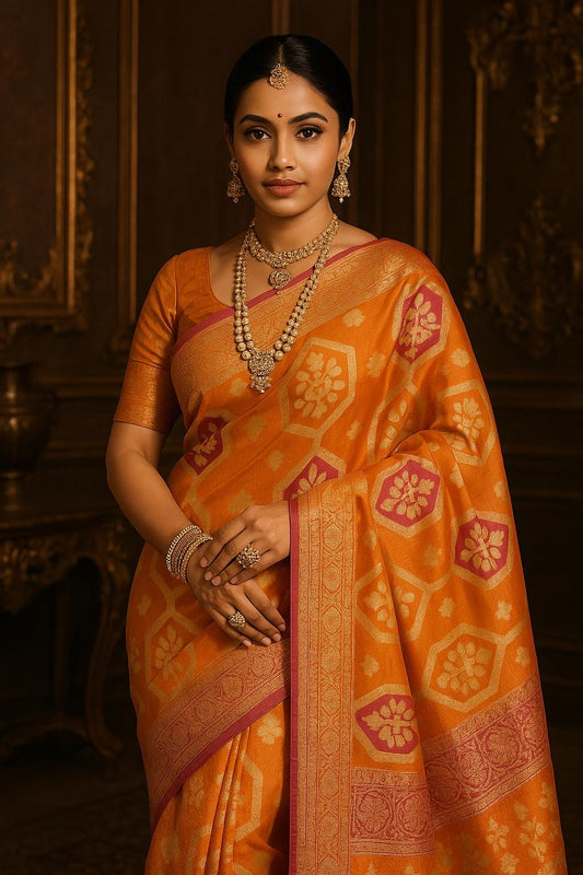 Handwoven Orange Kota Banarasi Saree | Festive & Wedding Wear | Zari Work with Matching Blouse piece Fall and pico done