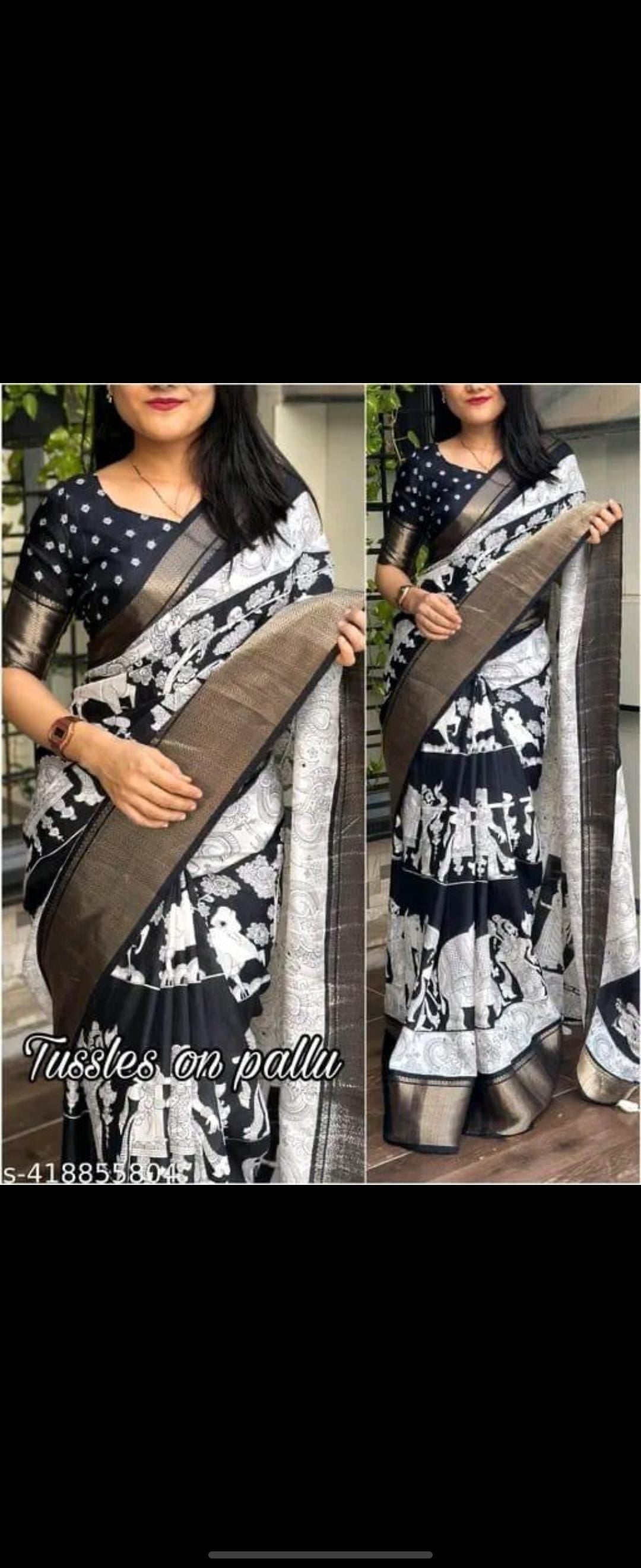 Elegant Black & White Kalamkari-Inspired Saree with Zari Border Tassels Ethnic Indian Saree with running blouse