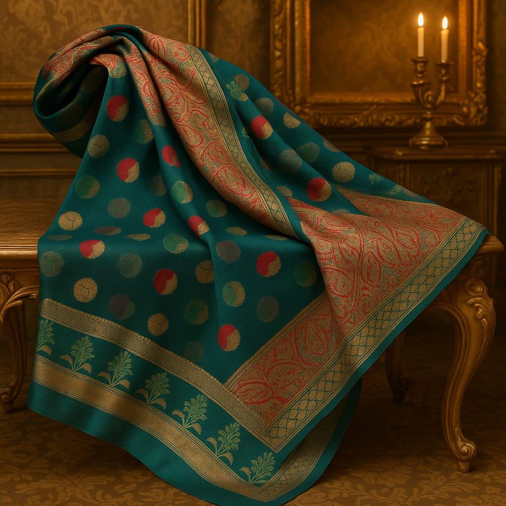 Handwoven Green Kota Banarasi Saree | Festive & Wedding Wear | Zari Work with Matching Blouse piece Fall and pico done