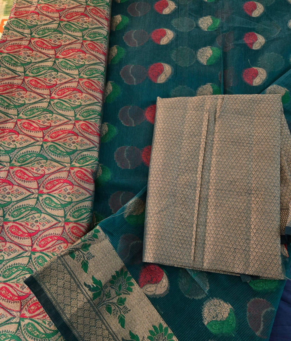 Handwoven Green Kota Banarasi Saree | Festive & Wedding Wear | Zari Work with Matching Blouse piece Fall and pico done