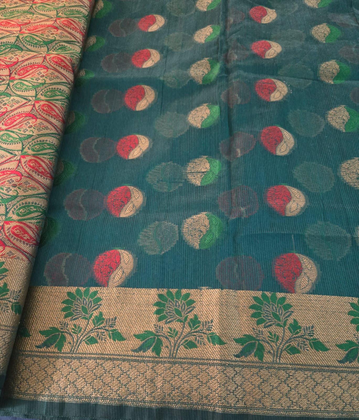 Handwoven Green Kota Banarasi Saree | Festive & Wedding Wear | Zari Work with Matching Blouse piece Fall and pico done