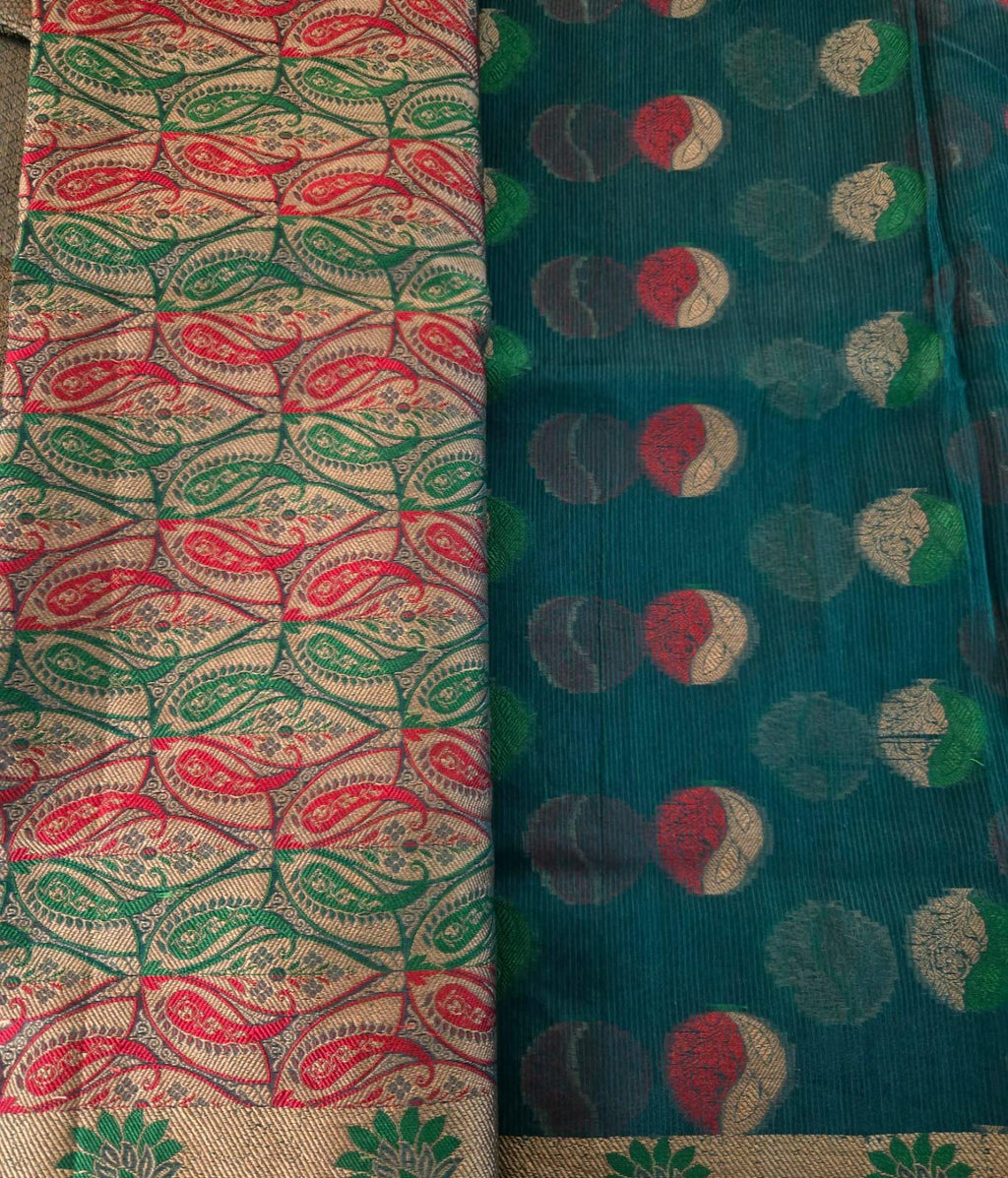 Handwoven Green Kota Banarasi Saree | Festive & Wedding Wear | Zari Work with Matching Blouse piece Fall and pico done