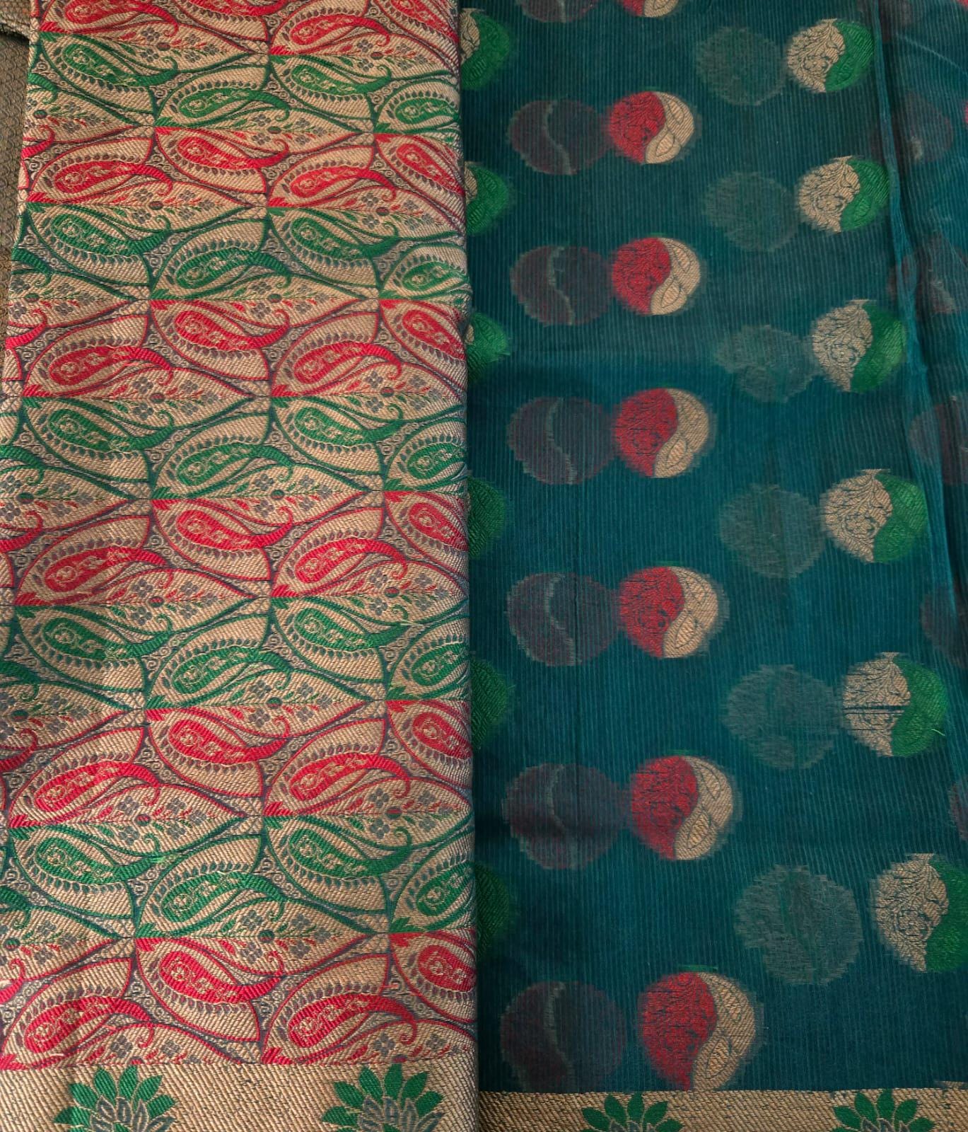 Handwoven Green Kota Banarasi Saree | Festive & Wedding Wear | Zari Work with Matching Blouse piece Fall and pico done
