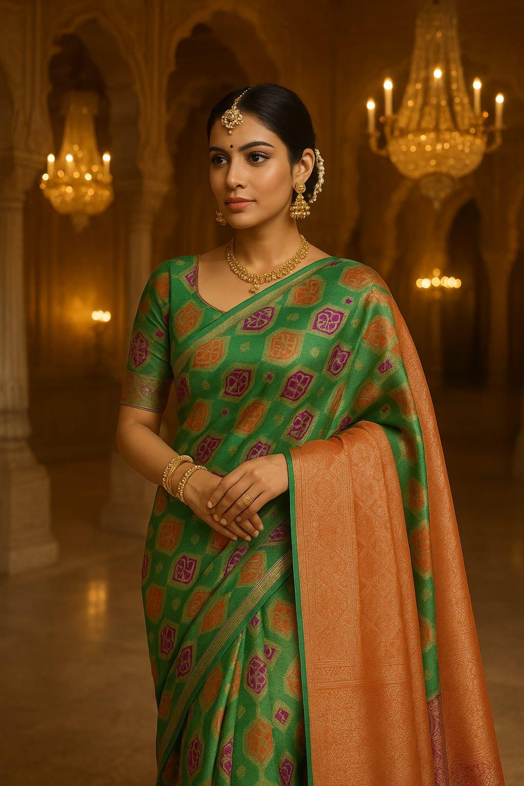Handwoven Light Green Kota Banarasi Saree | Festive & Wedding Wear | Zari Work with orange Blouse piece Fall and pico done