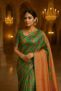Handwoven Light Green Kota Banarasi Saree | Festive & Wedding Wear | Zari Work with orange Blouse piece Fall and pico done