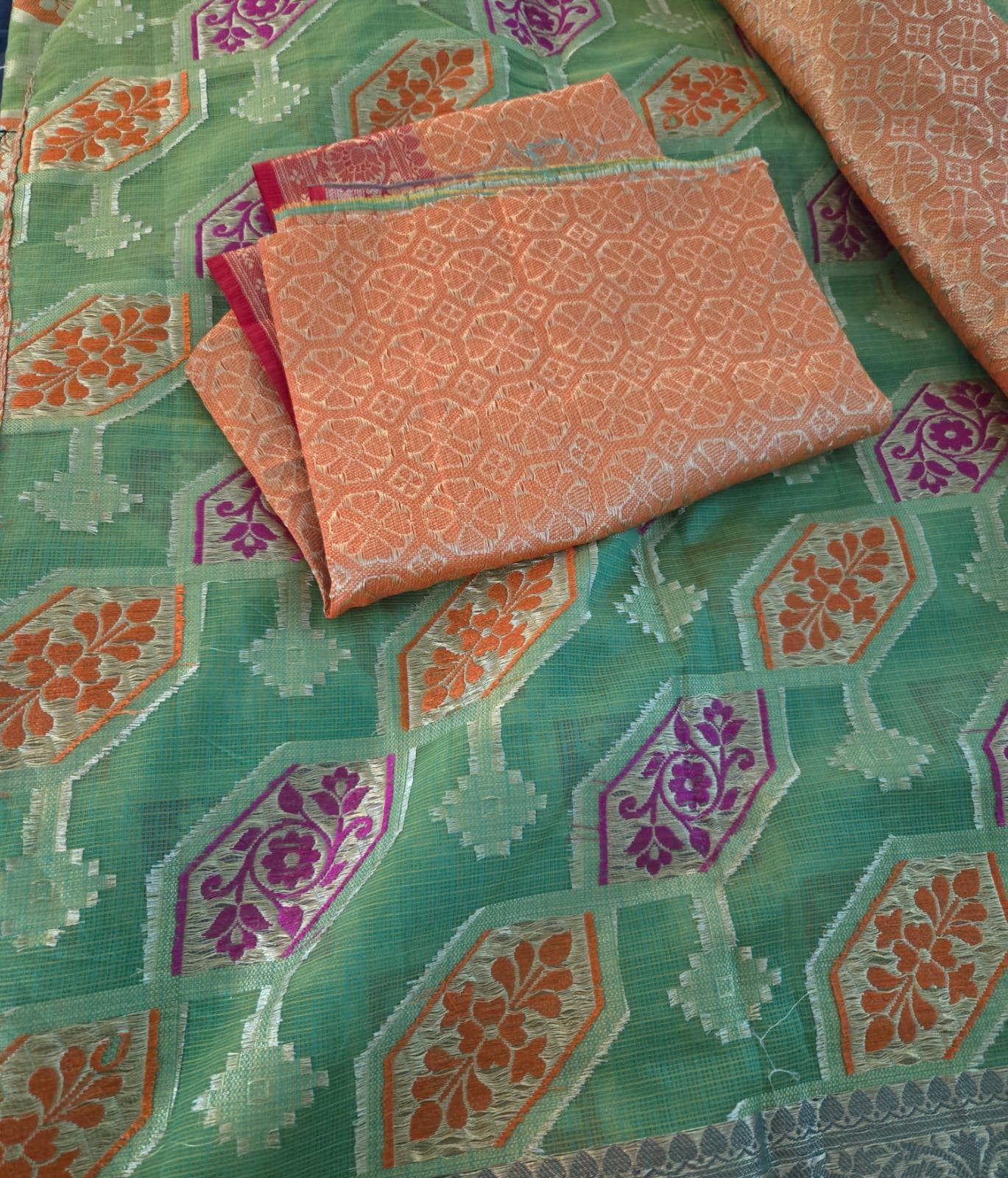 Handwoven Light Green Kota Banarasi Saree | Festive & Wedding Wear | Zari Work with orange Blouse piece Fall and pico done