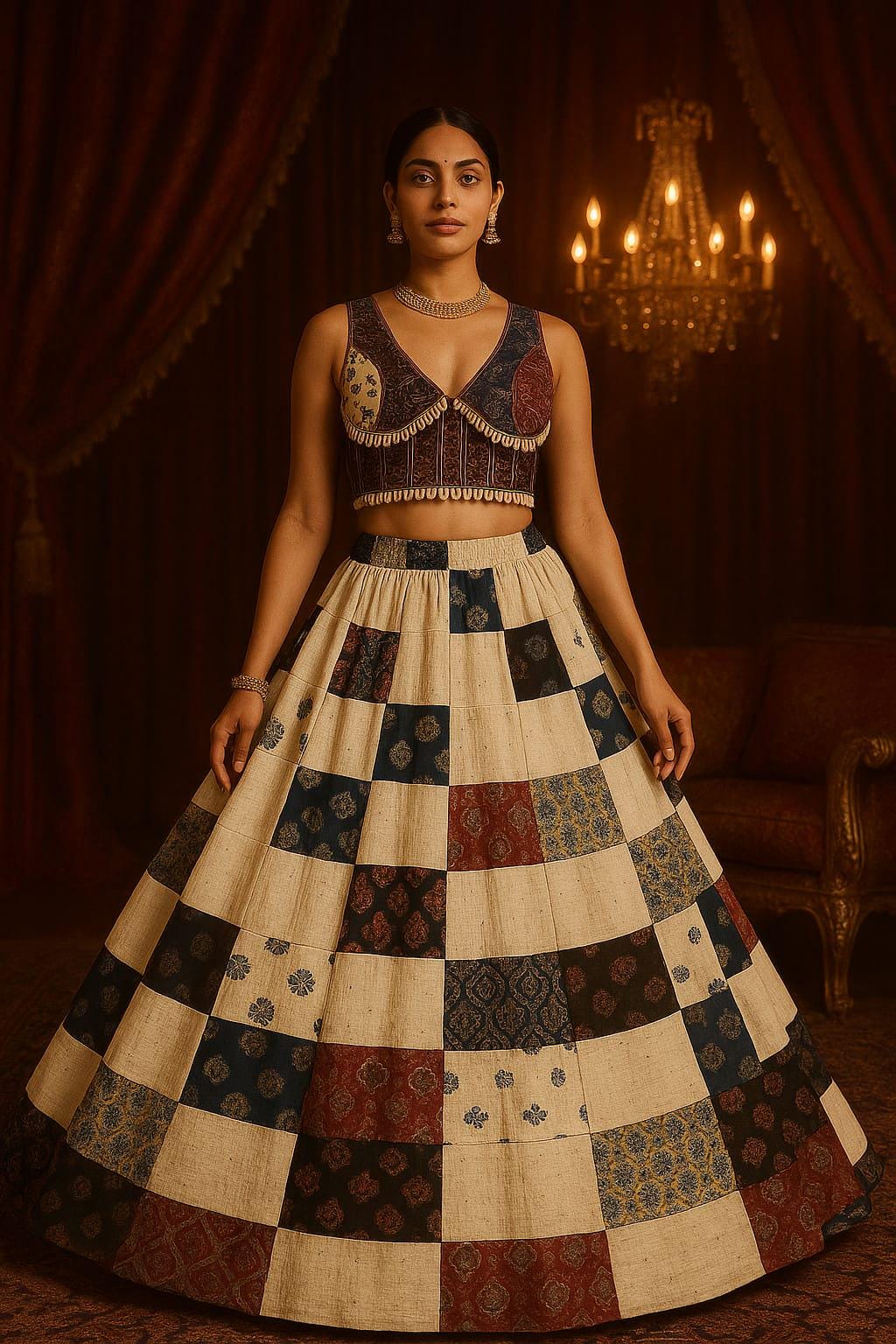 Garba Khadi Ajarak Print Lehenga | White Multicolored Ethnic Skirt | Navratri Ghagra Choli | Handmade Indian Festival Outfit