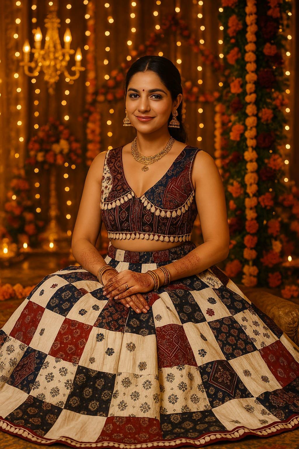 Garba Khadi Ajarak Print Lehenga | White Multicolored Ethnic Skirt | Navratri Ghagra Choli | Handmade Indian Festival Outfit