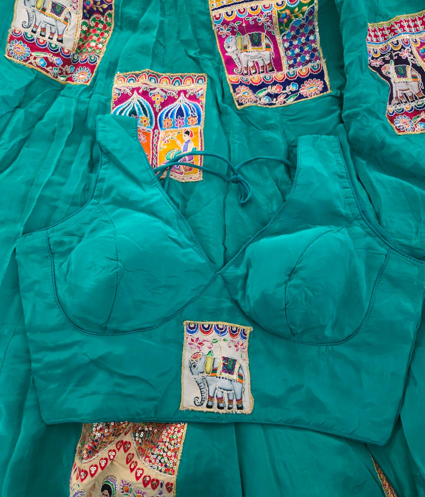 Garba Lehenga Pure Silk | Green Multicolored patches Ethnic Skirt | Navratri Ghagra Choli | Handmade Indian Festival Outfit 10 m flair