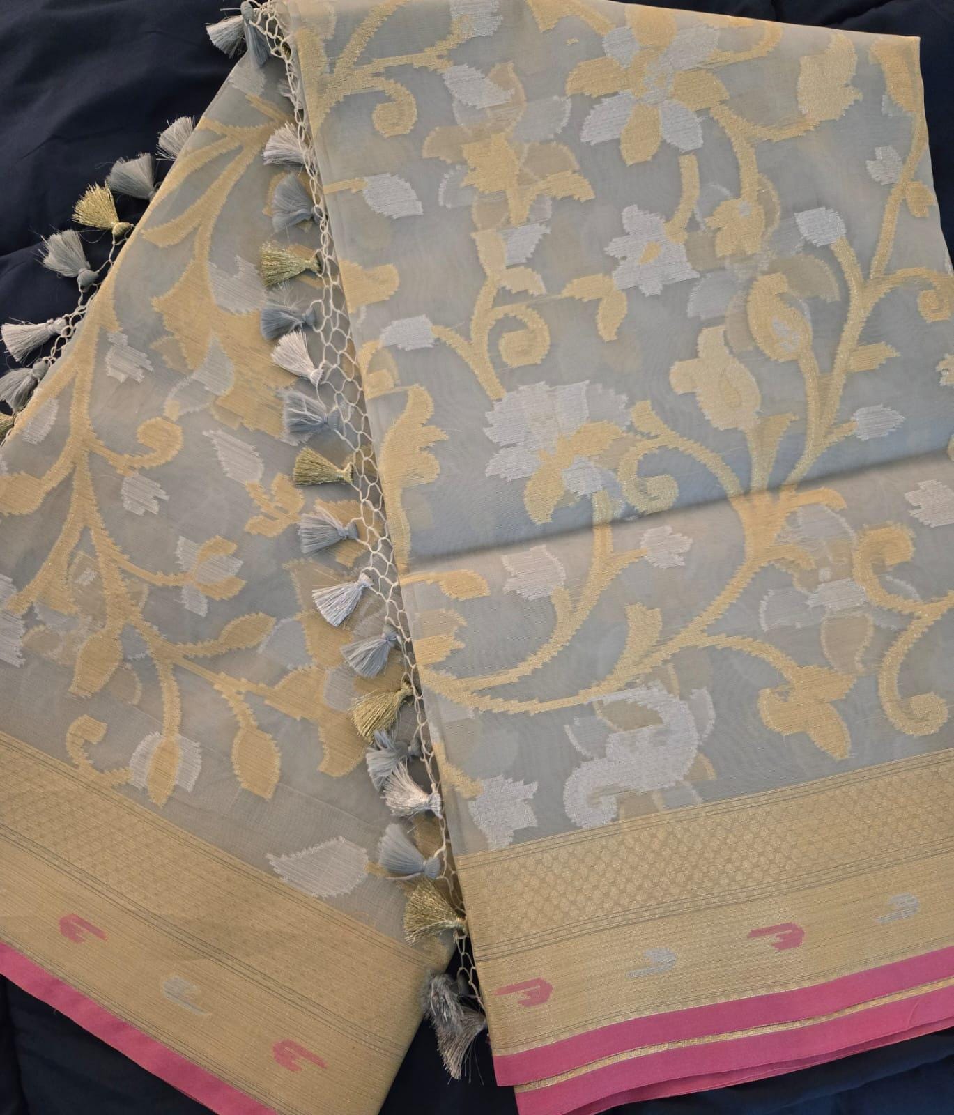 Elegant Light Grey Organza Saree –Lightweight & Festive Wear
