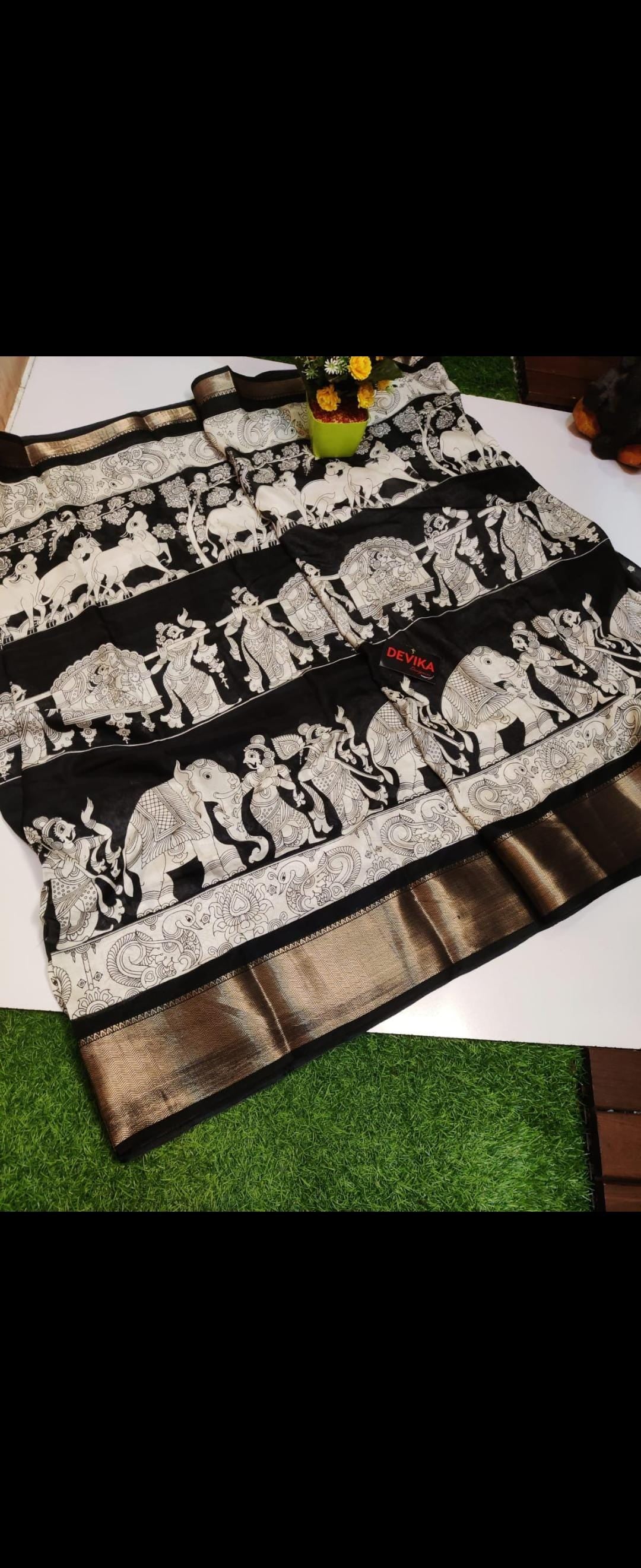 Elegant Black & White Kalamkari-Inspired Saree with Zari Border Tassels Ethnic Indian Saree with running blouse