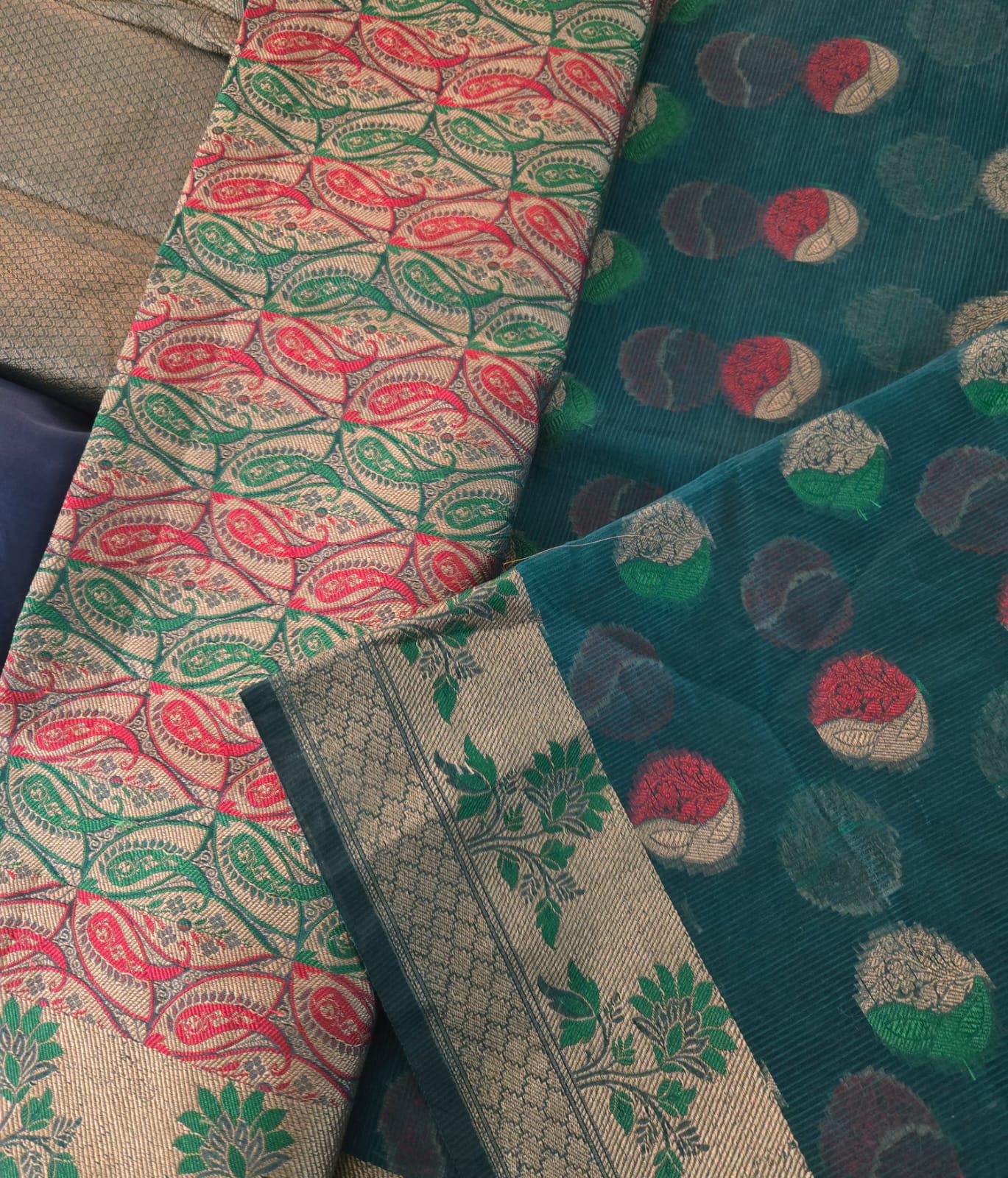 Handwoven Green Kota Banarasi Saree | Festive & Wedding Wear | Zari Work with Matching Blouse piece Fall and pico done