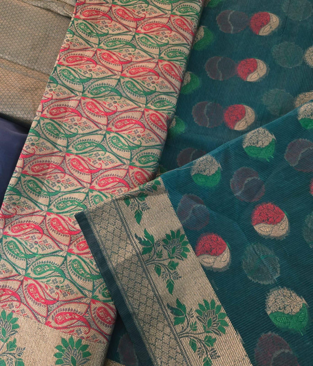 Handwoven Green Kota Banarasi Saree | Festive & Wedding Wear | Zari Work with Matching Blouse piece Fall and pico done