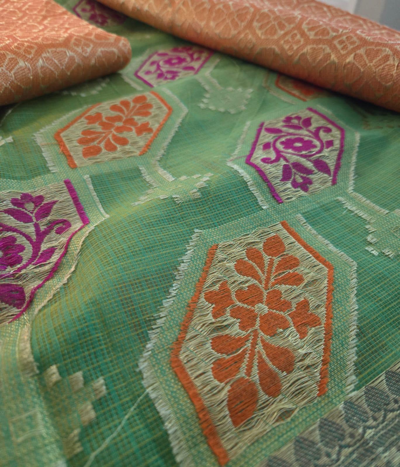 Handwoven Light Green Kota Banarasi Saree | Festive & Wedding Wear | Zari Work with orange Blouse piece Fall and pico done