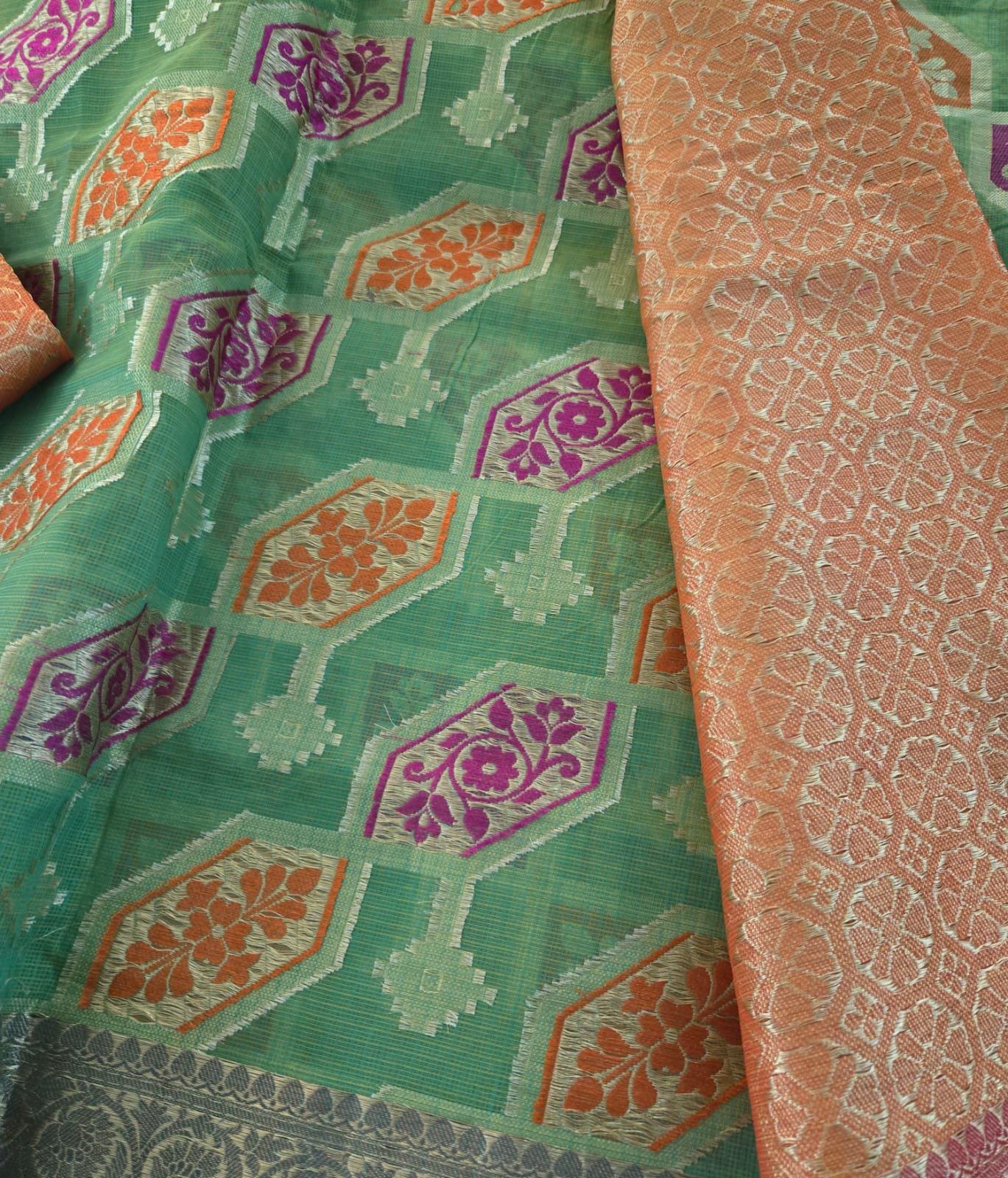 Handwoven Light Green Kota Banarasi Saree | Festive & Wedding Wear | Zari Work with orange Blouse piece Fall and pico done