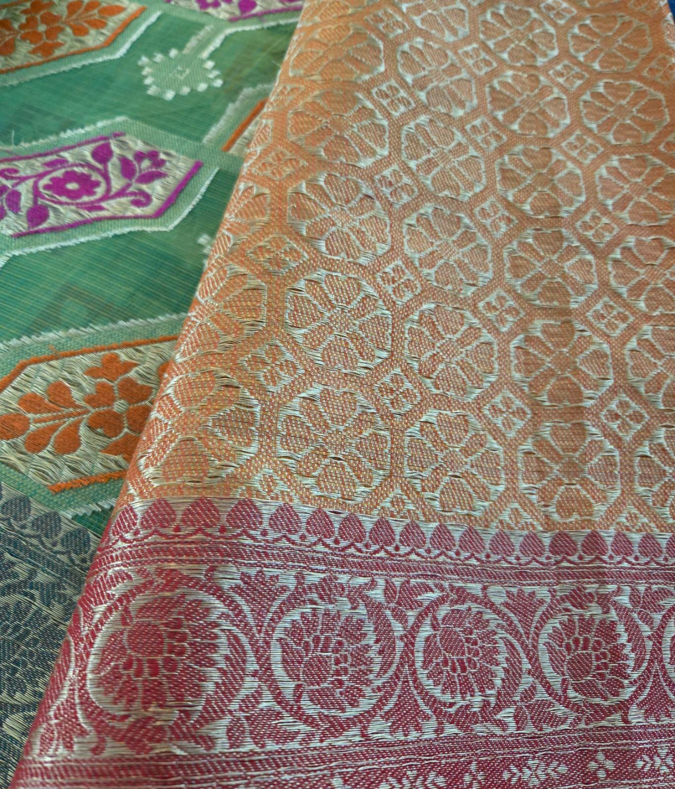 Handwoven Light Green Kota Banarasi Saree | Festive & Wedding Wear | Zari Work with orange Blouse piece Fall and pico done