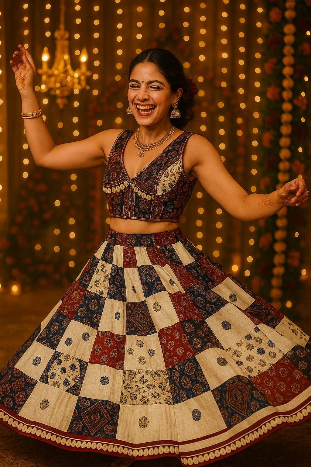Garba Khadi Ajarak Print Lehenga | White Multicolored Ethnic Skirt | Navratri Ghagra Choli | Handmade Indian Festival Outfit