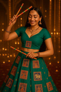 Garba Lehenga Pure Silk | Green Multicolored patches Ethnic Skirt | Navratri Ghagra Choli | Handmade Indian Festival Outfit 10 m flair