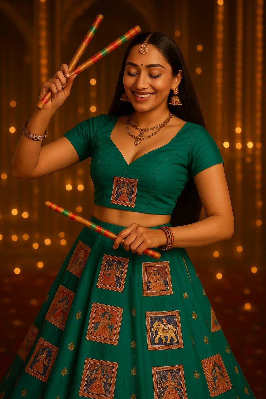 Garba Lehenga Pure Silk | Green Multicolored patches Ethnic Skirt | Navratri Ghagra Choli | Handmade Indian Festival Outfit 10 m flair