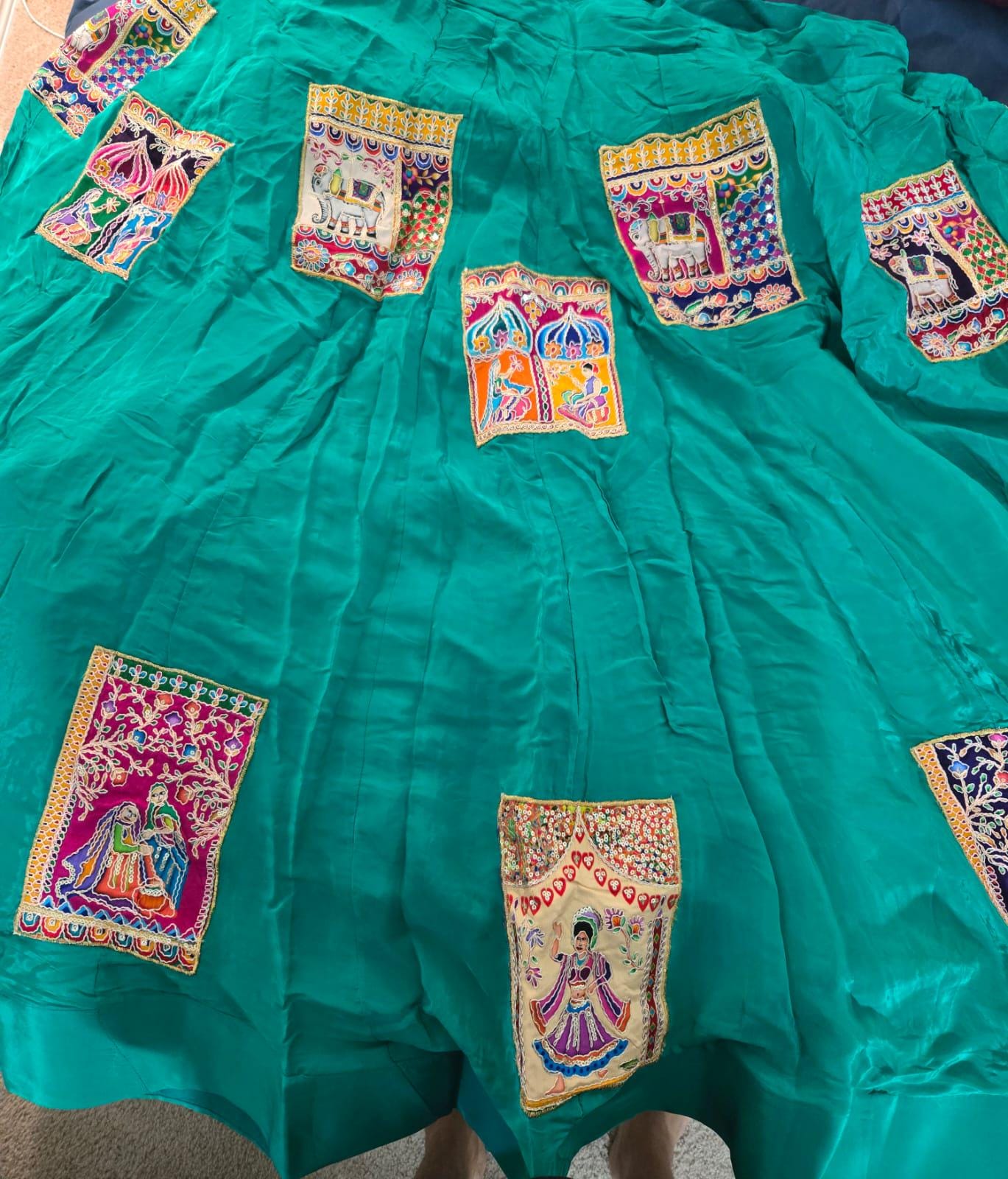 Garba Lehenga Pure Silk | Green Multicolored patches Ethnic Skirt | Navratri Ghagra Choli | Handmade Indian Festival Outfit 10 m flair