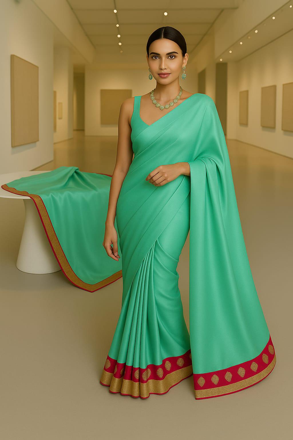 Elegant Georgette Sea Green  Saree with Delicate Border | Lightweight Festive Wear | Indian Ethnic Saree with matching satin petticoat