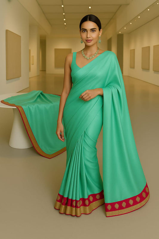 Elegant Georgette Sea Green  Saree with Delicate Border | Lightweight Festive Wear | Indian Ethnic Saree with matching satin petticoat