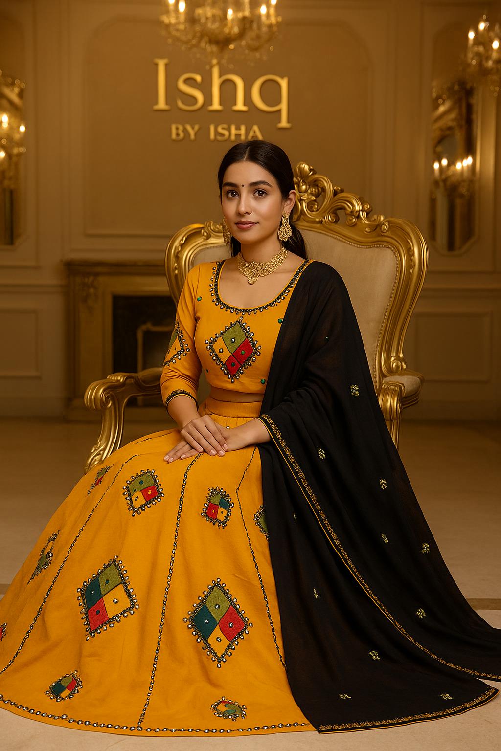 Garba Print Lehenga | yellow ,black Multicolored Ethnic Skirt | Navratri Ghagra Choli | Handmade Indian Festival Outfit