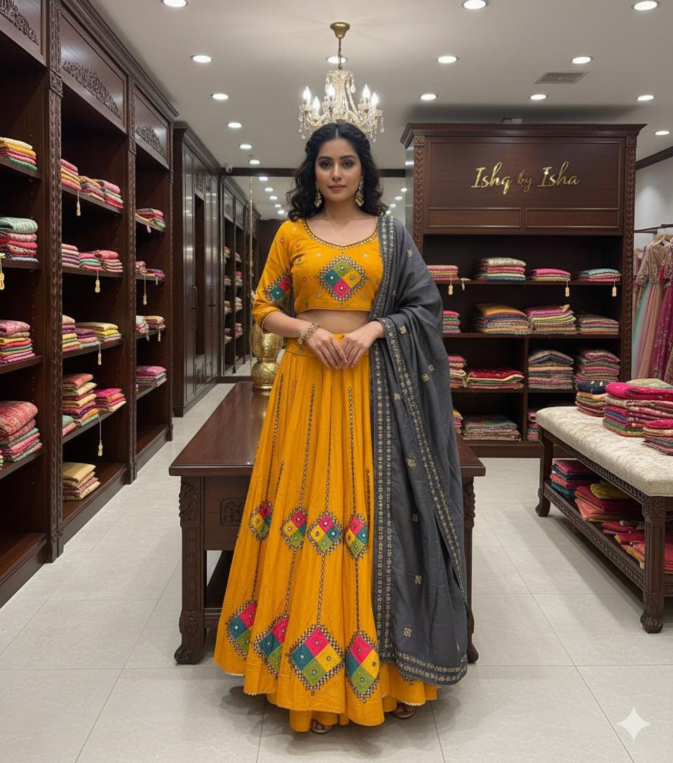 Garba Print Lehenga | yellow ,black Multicolored Ethnic Skirt | Navratri Ghagra Choli | Handmade Indian Festival Outfit