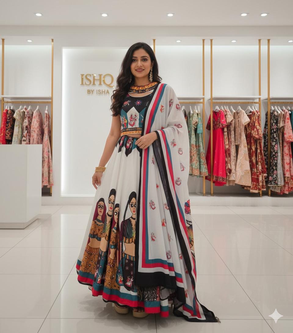 Garba Print Lehenga | White Multicolored Ethnic Skirt | Navratri Ghagra Choli | Handmade Indian Festival Outfit