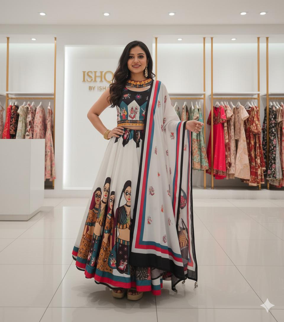 Garba Print Lehenga | White Multicolored Ethnic Skirt | Navratri Ghagra Choli | Handmade Indian Festival Outfit