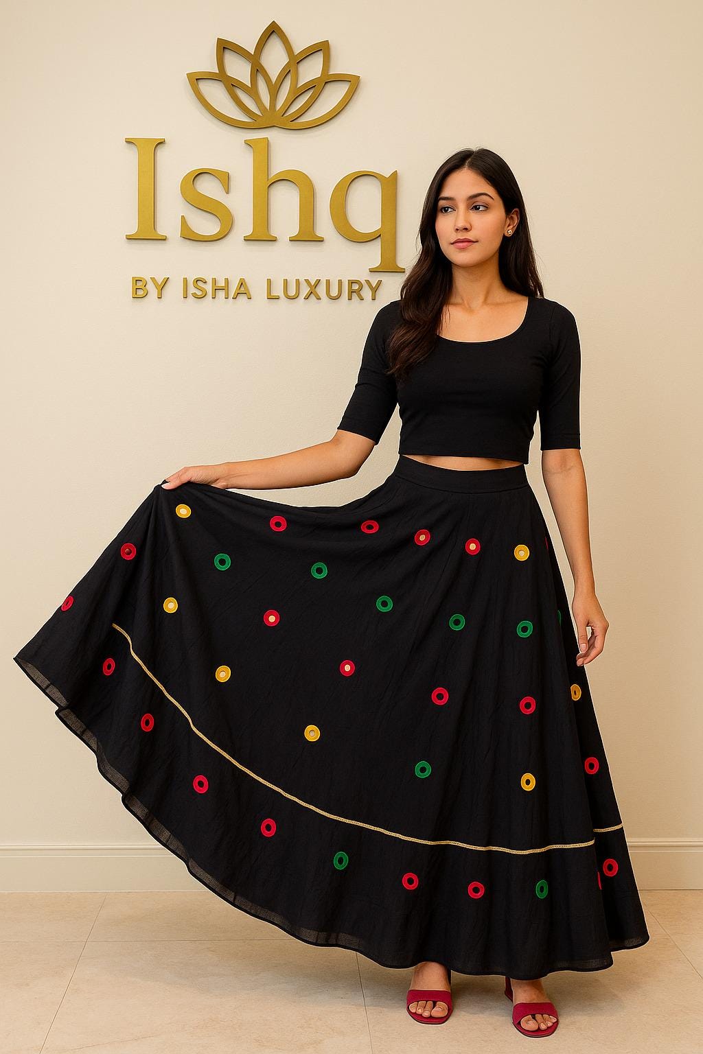 Black Skirt with Artificial Mirror Work 10 m flair | Festive & Party Wear | Ishq by Isha