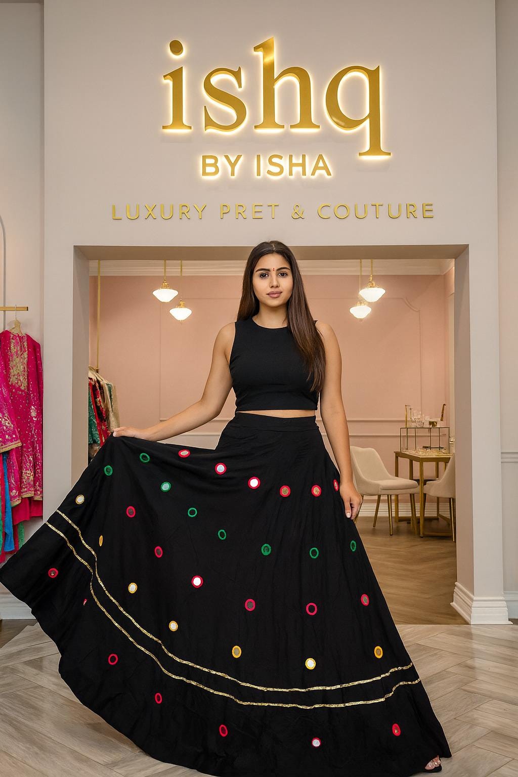 Black Skirt with Artificial Mirror Work 10 m flair | Festive & Party Wear | Ishq by Isha