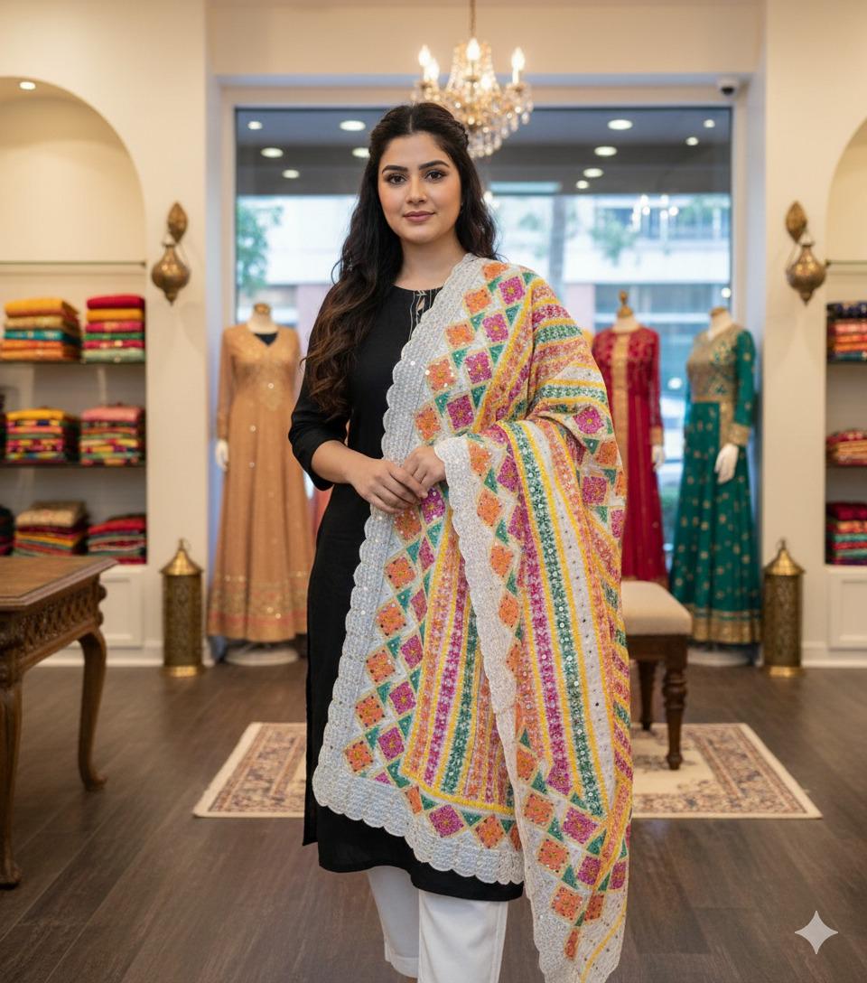 Handmade , Handwoven , Elegant vibrant & Authentic white Multicolour Phulkari Dupatta / Indian Scarf. Hand embroidered .