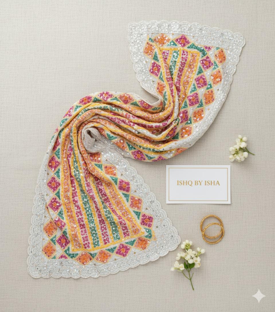 Handmade , Handwoven , Elegant vibrant & Authentic white Multicolour Phulkari Dupatta / Indian Scarf. Hand embroidered .