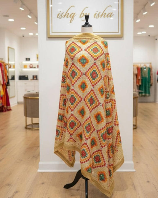 Handmade , Handwoven , Elegant vibrant & Authentic Golden/beige Multicolour Phulkari Dupatta / Indian Scarf. Hand embroidered .