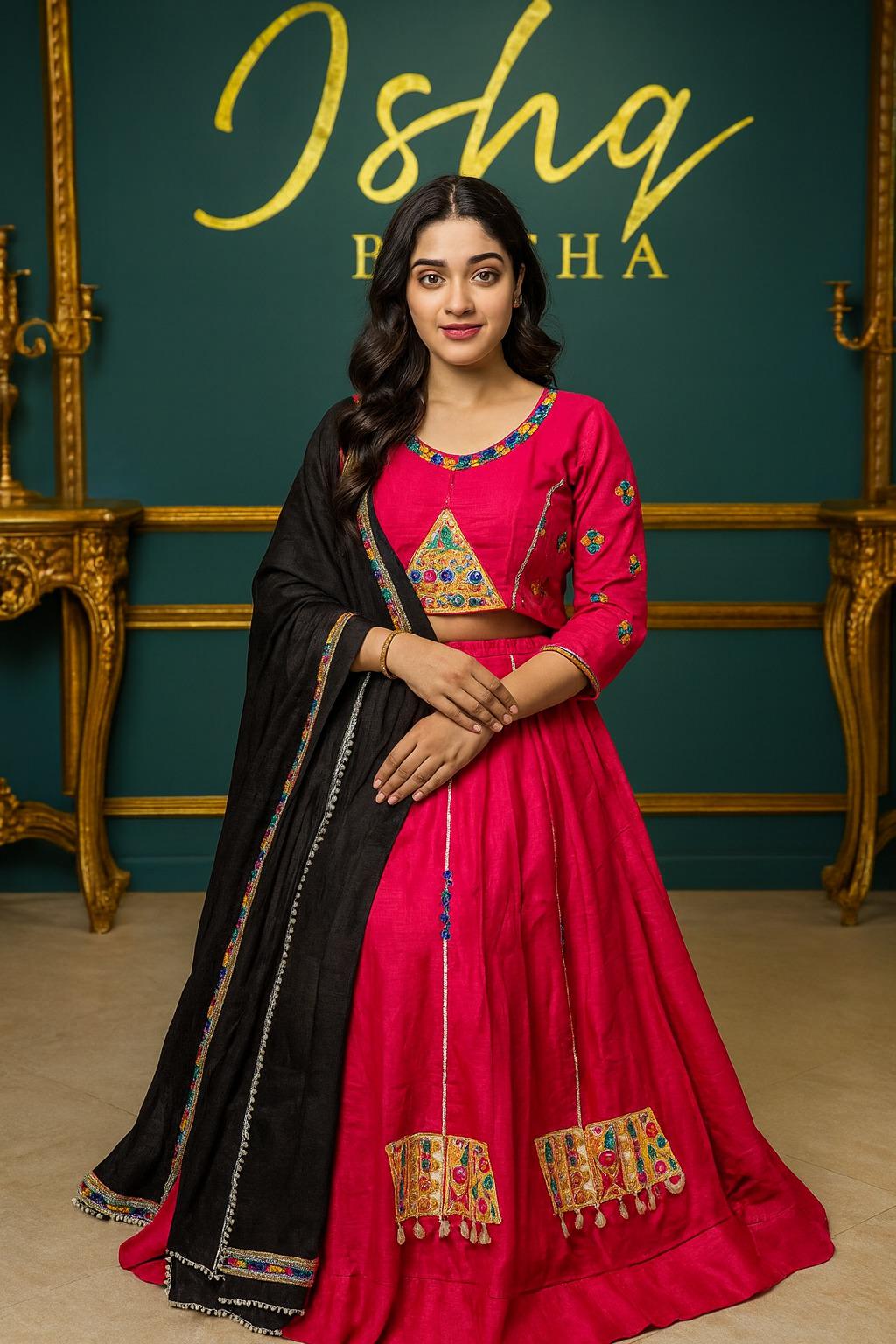 Garba Print Lehenga |Pink black Multicolored Ethnic Skirt | Navratri Ghagra Choli | Handmade Indian Festival Outfit