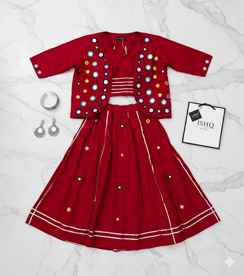 Garba Print Lehenga | Red Multicolored Ethnic Skirt | Navratri Ghagra Choli | and jacket Handmade Indian Festival Outfit