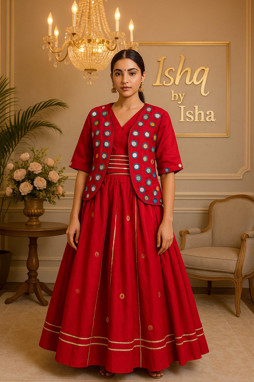 Garba Print Lehenga | Red Multicolored Ethnic Skirt | Navratri Ghagra Choli | and jacket Handmade Indian Festival Outfit