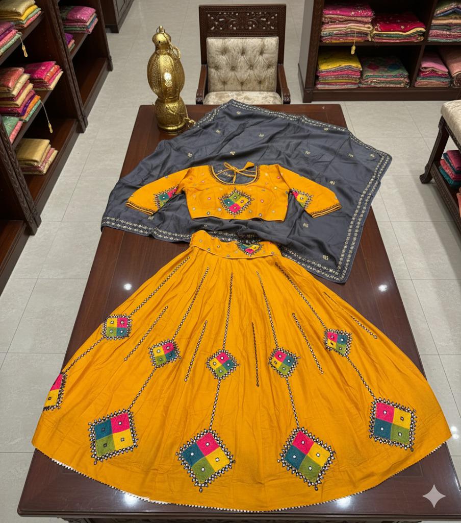Garba Print Lehenga | yellow ,black Multicolored Ethnic Skirt | Navratri Ghagra Choli | Handmade Indian Festival Outfit