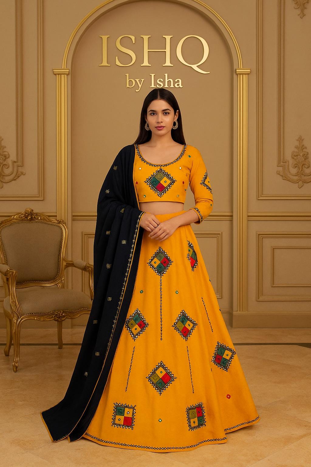 Garba Print Lehenga | yellow ,black Multicolored Ethnic Skirt | Navratri Ghagra Choli | Handmade Indian Festival Outfit