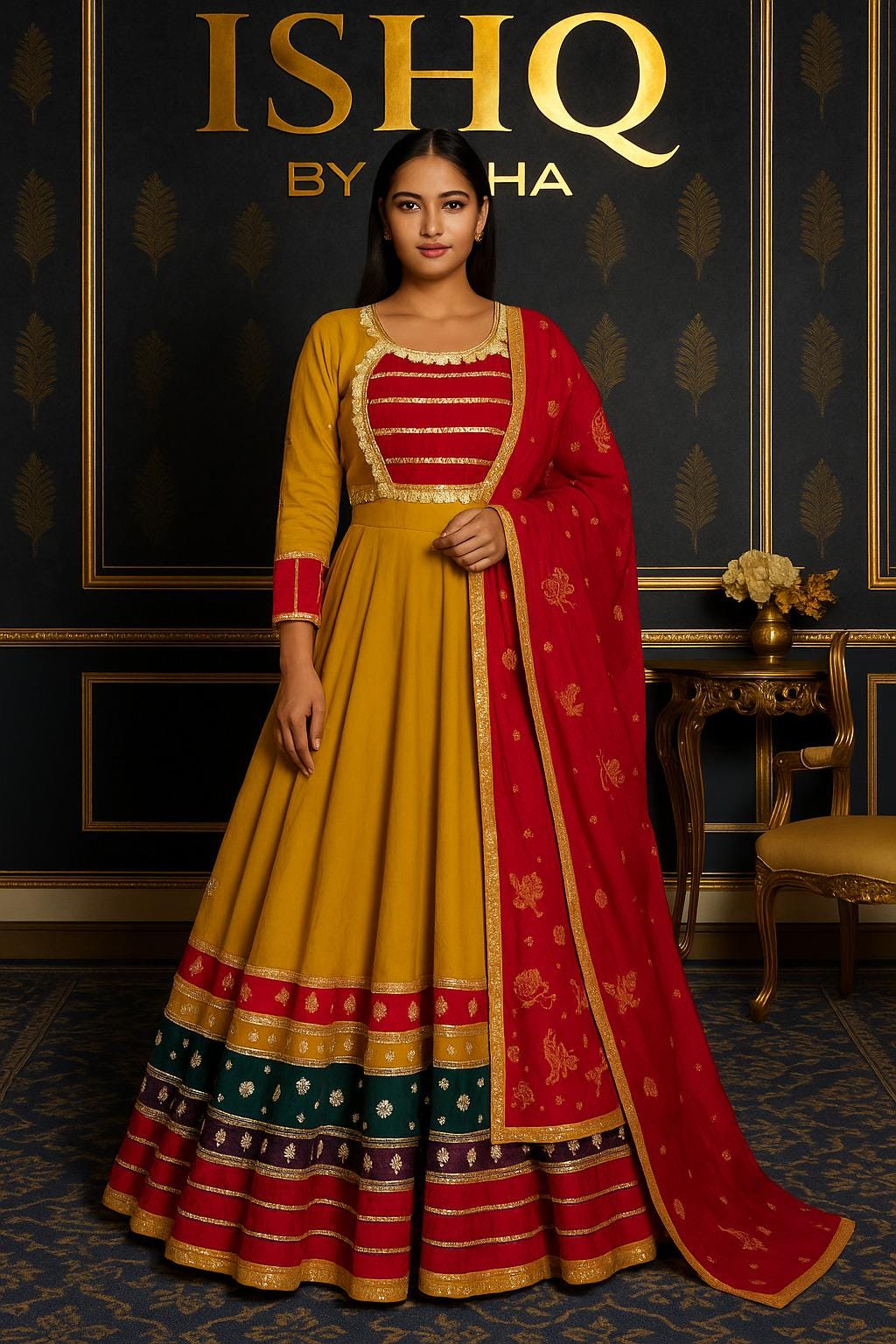 Garba Print Lehenga | yellow red Multicolored Ethnic Skirt | Navratri Ghagra Choli | Handmade Indian Festival Outfit
