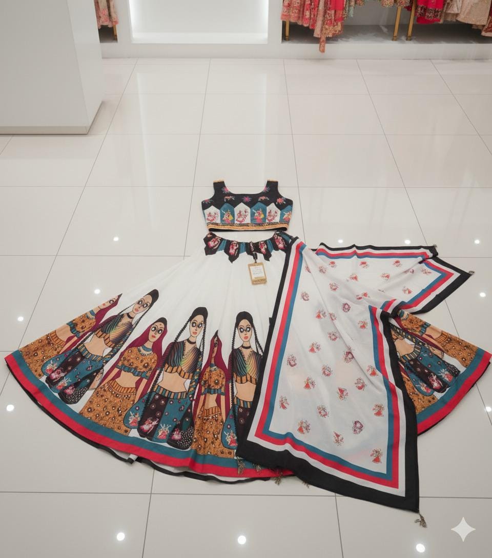 Garba Print Lehenga | White Multicolored Ethnic Skirt | Navratri Ghagra Choli | Handmade Indian Festival Outfit