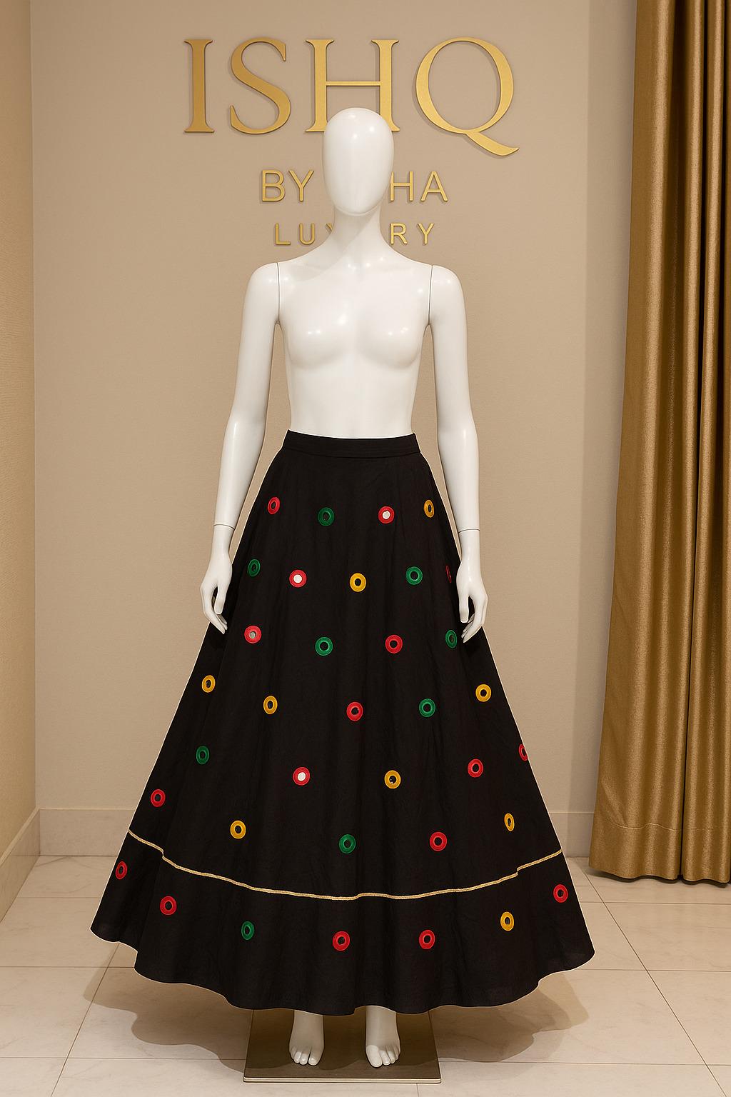 Black Skirt with Artificial Mirror Work 10 m flair | Festive & Party Wear | Ishq by Isha