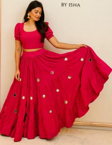 Pink Skirt with Artificial Mirror Work 10 m flair | Festive & Party Wear | Ishq by Isha