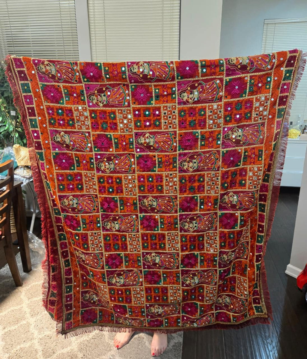 Handmade , Handwoven , Elegant vibrant & Authentic Multicolour Phulkari Dupatta / Indian Scarf. Hand embroidered . Pink orange red