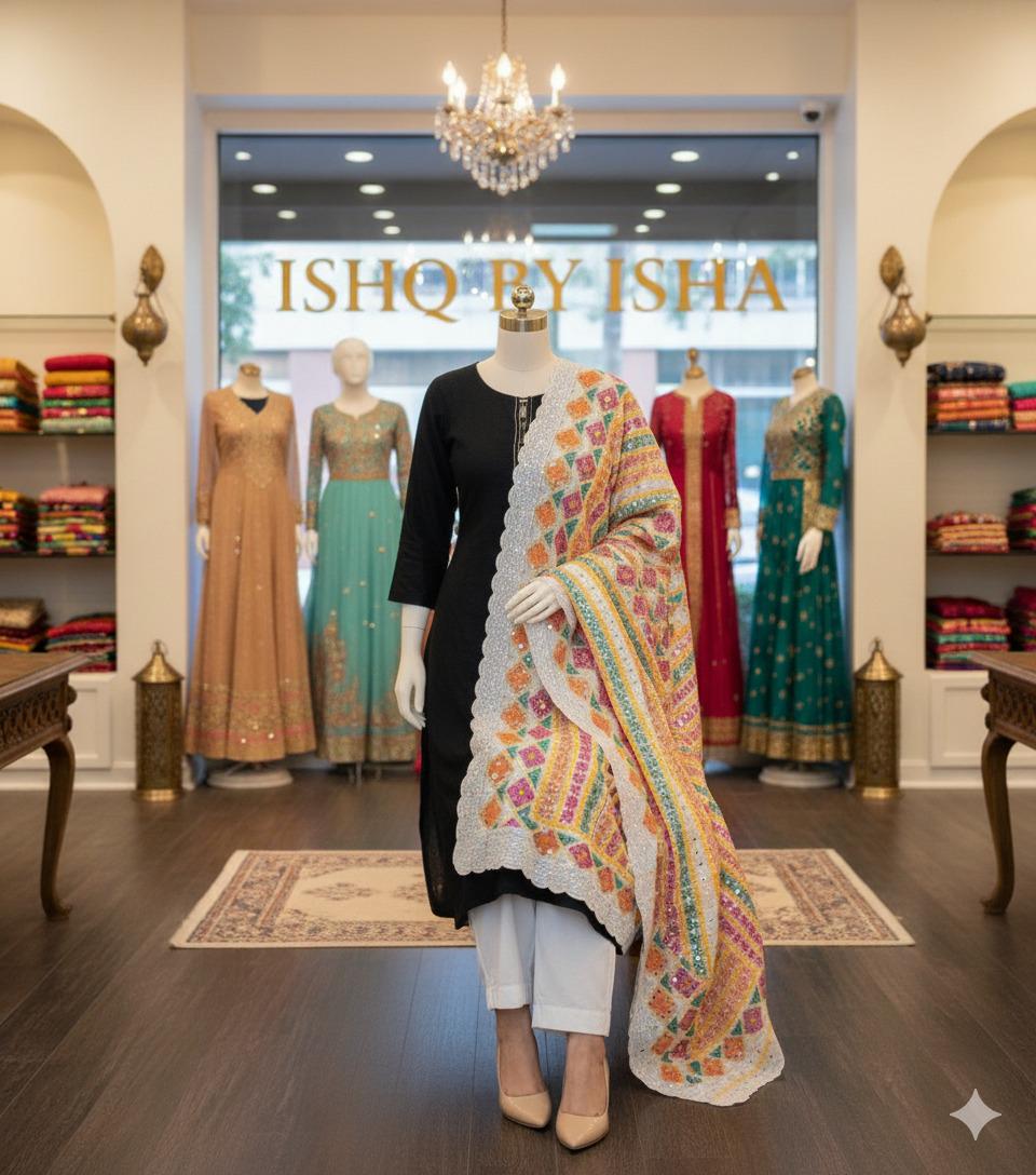 Handmade , Handwoven , Elegant vibrant & Authentic white Multicolour Phulkari Dupatta / Indian Scarf. Hand embroidered .
