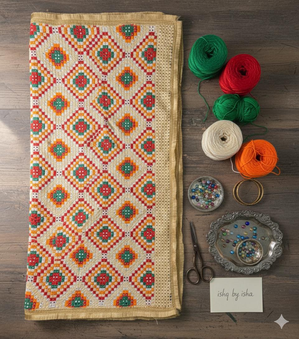Handmade , Handwoven , Elegant vibrant & Authentic Golden/beige Multicolour Phulkari Dupatta / Indian Scarf. Hand embroidered .