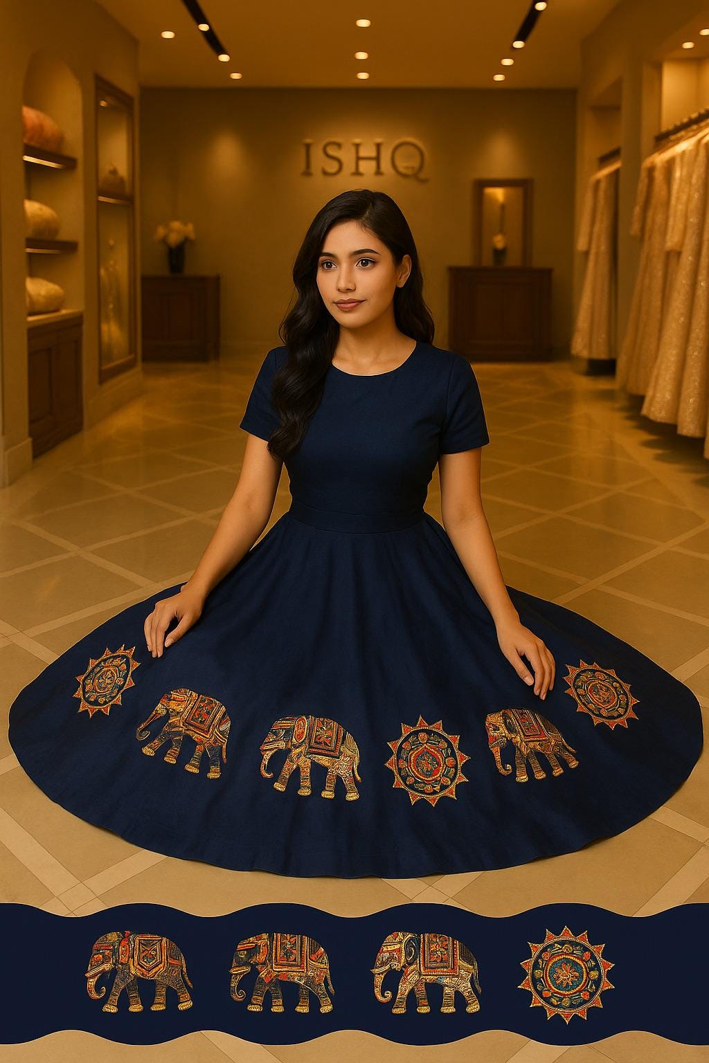 Blue Skirt with elephant border Work 10 m flair | Festive & Party Wear | Ishq by Isha