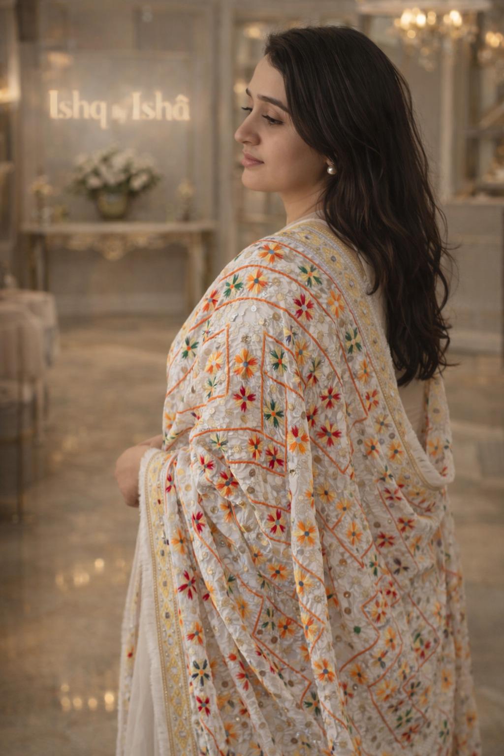 Handmade , Handwoven , Elegant vibrant & Authentic white Multicolour Phulkari Dupatta / Indian Scarf. Hand embroidered .